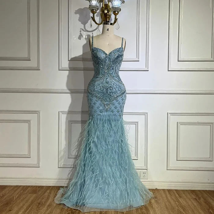 Luxury Blue Spaghetti Strap Feather Beaded Evening Dress LA72527 - SERENE HILL