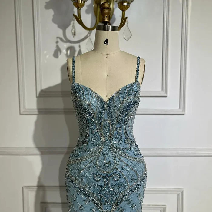 Luxury Blue Spaghetti Strap Feather Beaded Evening Dress LA72527 - SERENE HILL
