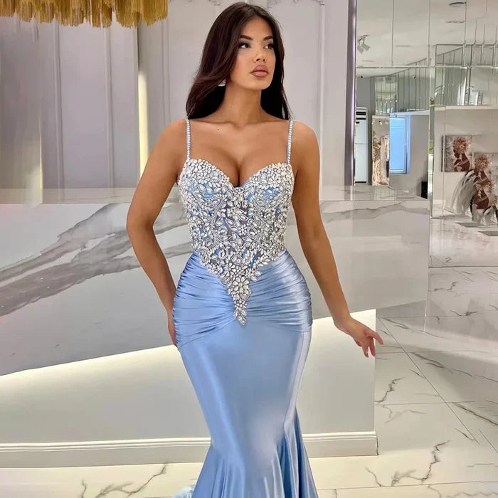 Luxury Blue Spaghetti Strap Satin Mermaid Beaded Evening Dress LA72729 - SERENE HILL