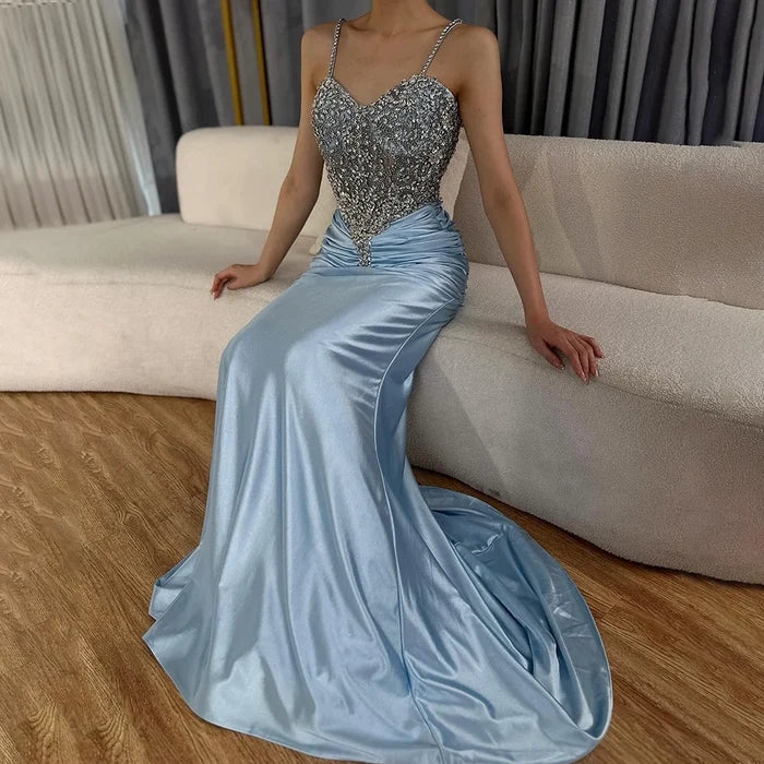 Luxury Blue Spaghetti Strap Satin Mermaid Beaded Evening Dress LA72729 - SERENE HILL