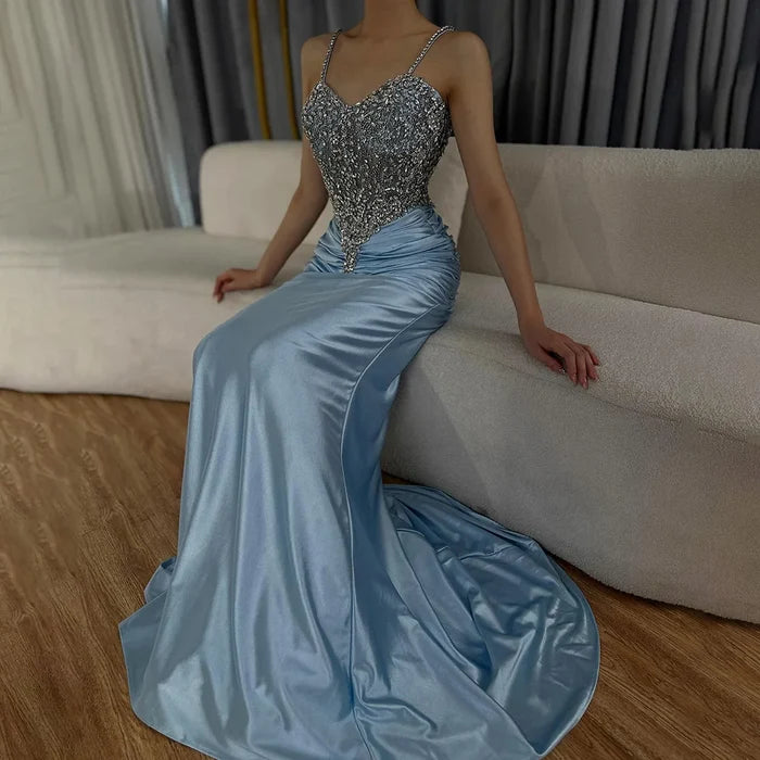 Luxury Blue Spaghetti Strap Satin Mermaid Beaded Evening Dress LA72729 - SERENE HILL