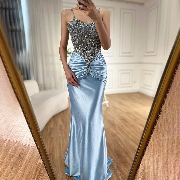 Luxury Blue Spaghetti Strap Satin Mermaid Beaded Evening Dress LA72729 - SERENE HILL