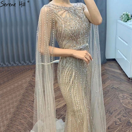 Luxury Brown Beaded Mermaid Evening Dress with Cape Sleeves LA70638 - SERENE HILL