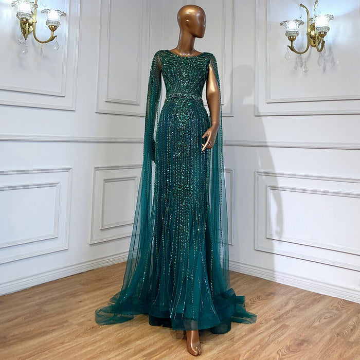 Luxury Brown Beaded Mermaid Evening Dress with Cape Sleeves LA70638 - SERENE HILL