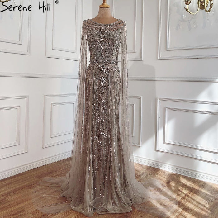 Luxury Brown Beaded Mermaid Evening Dress with Cape Sleeves LA70638 - SERENE HILL