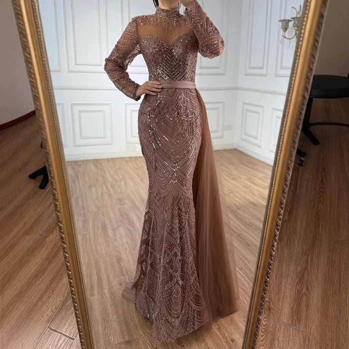 Luxury Brown Beaded Mermaid Evening Dress with Side Overskirt LA71913A - SERENE HILL