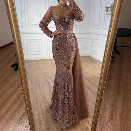 Luxury Brown Beaded Mermaid Evening Dress with Side Overskirt LA71913A - SERENE HILL