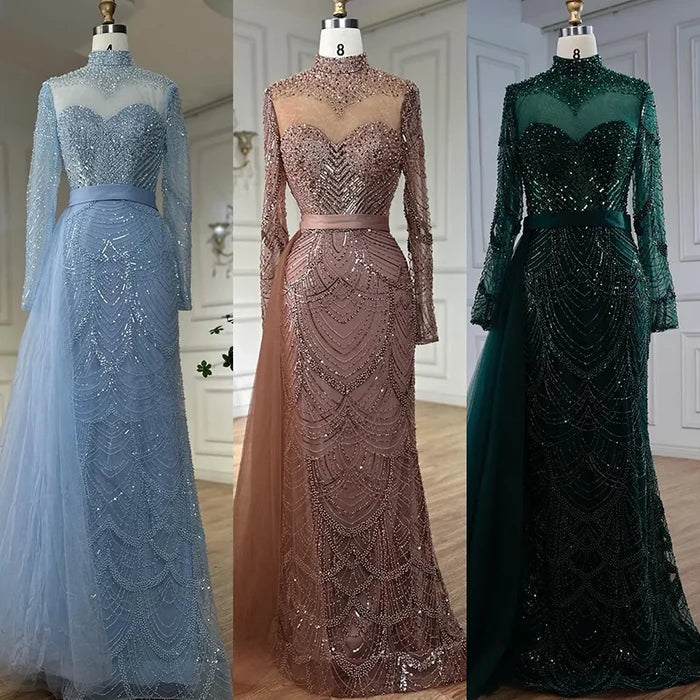 Luxury Brown Beaded Mermaid Evening Dress with Side Overskirt LA71913A - SERENE HILL