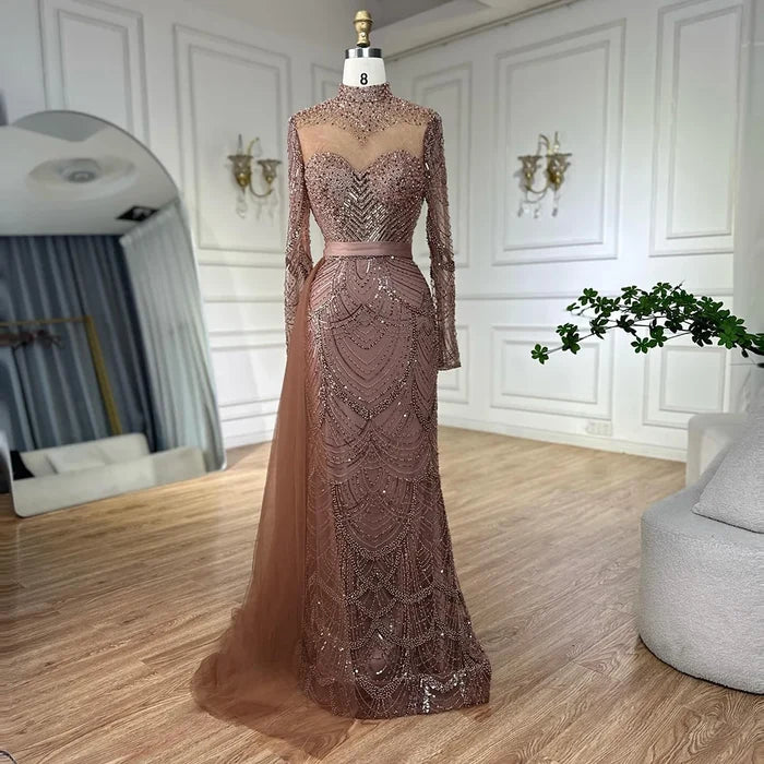 Luxury Brown Beaded Mermaid Evening Dress with Side Overskirt LA71913A - SERENE HILL