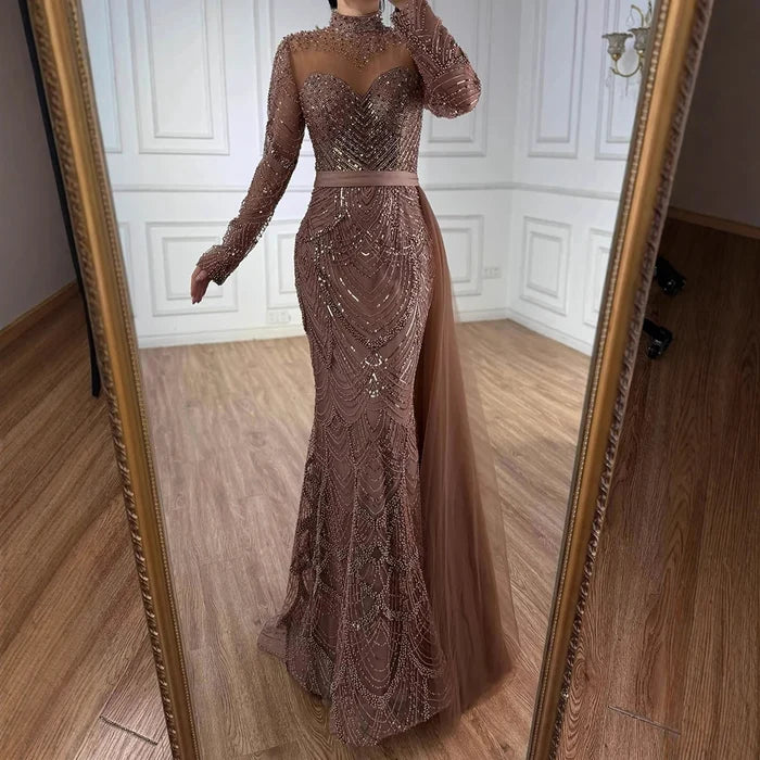 Luxury Brown Beaded Mermaid Evening Dress with Side Overskirt LA71913A - SERENE HILL