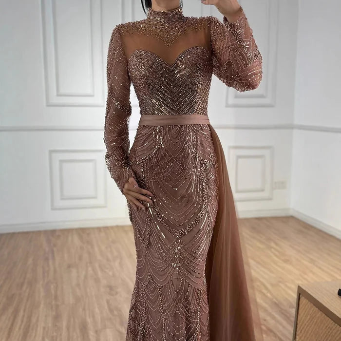 Luxury Brown Beaded Mermaid Evening Dress with Side Overskirt LA71913A - SERENE HILL