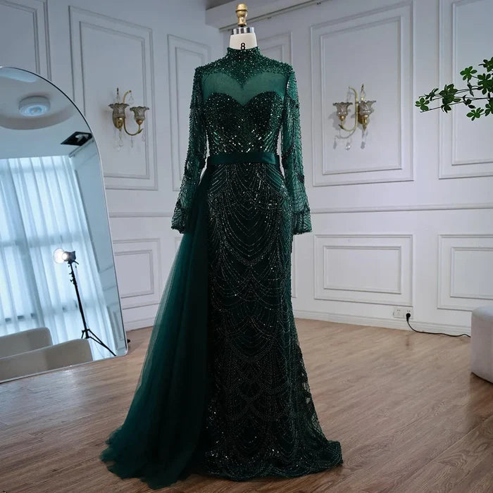 Luxury Brown Beaded Mermaid Evening Dress with Side Overskirt LA71913A - SERENE HILL