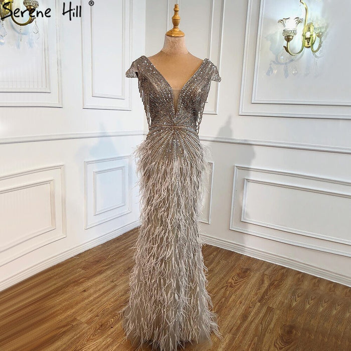 Luxury Brown Mermaid Elegant Beaded Evening Dress Gown with Feathers LA70801 - SERENE HILL
