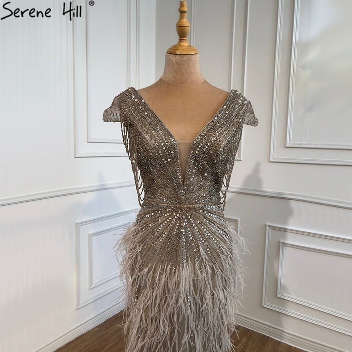 Luxury Brown Mermaid Elegant Beaded Evening Dress Gown with Feathers LA70801 - SERENE HILL