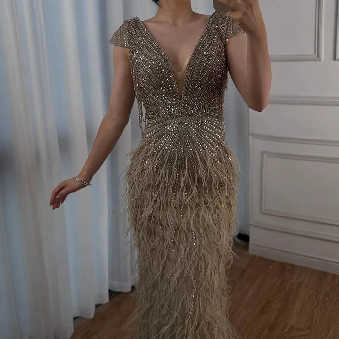 Luxury Brown Mermaid Elegant Beaded Evening Dress Gown with Feathers LA70801 - SERENE HILL