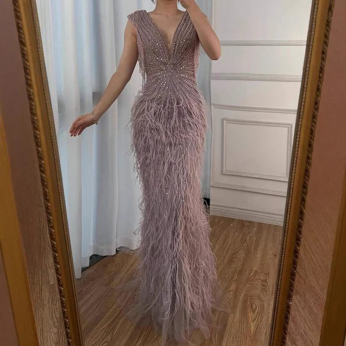 Luxury Brown Mermaid Elegant Beaded Evening Dress Gown with Feathers LA70801 - SERENE HILL
