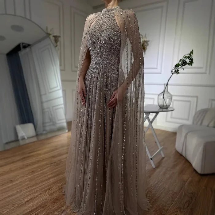 Luxury Caramel A-Line Cape Sleeve Beaded Evening Dress LA72306B - SERENE HILL