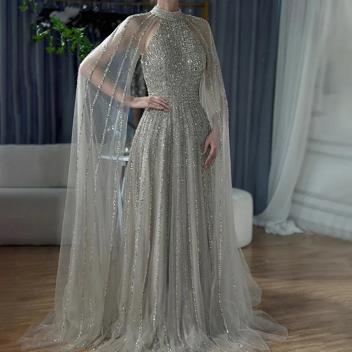 Luxury Caramel A-Line Cape Sleeve Beaded Evening Dress LA72306B - SERENE HILL
