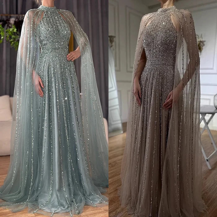 Luxury Caramel A-Line Cape Sleeve Beaded Evening Dress LA72306B - SERENE HILL