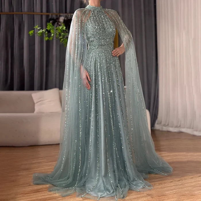 Luxury Caramel A-Line Cape Sleeve Beaded Evening Dress LA72306B - SERENE HILL