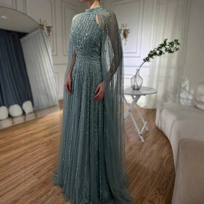 Luxury Caramel A-Line Cape Sleeve Beaded Evening Dress LA72306B - SERENE HILL