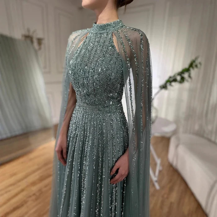 Luxury Caramel A-Line Cape Sleeve Beaded Evening Dress LA72306B - SERENE HILL