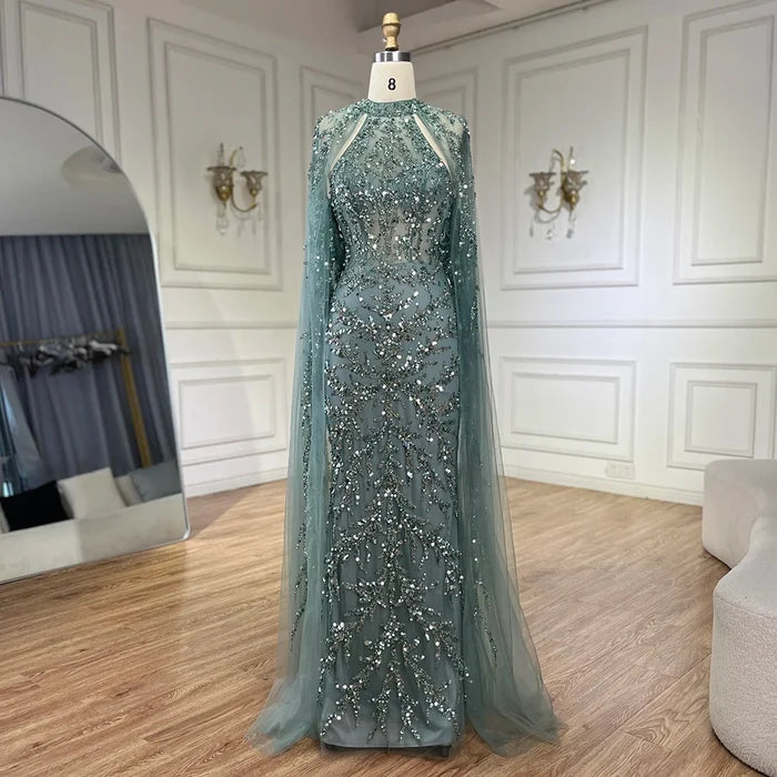 Luxury Caramel Arabic Beaded Mermaid Evening Dress with Cape Sleeves LA72652 - SERENE  HILL