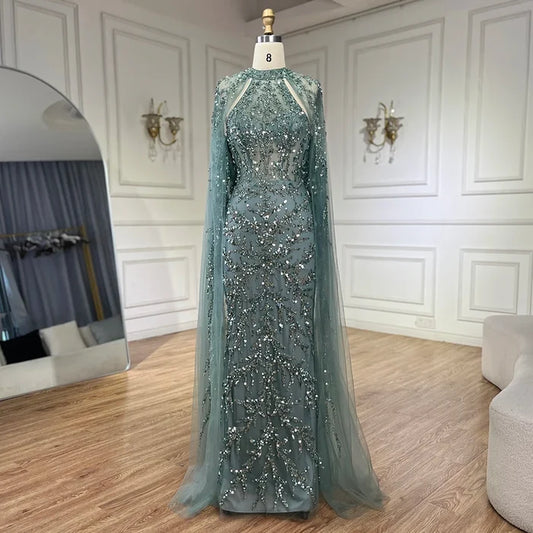 Luxury Caramel Arabic Beaded Mermaid Evening Dress with Cape Sleeves LA72652 - SERENE  HILL