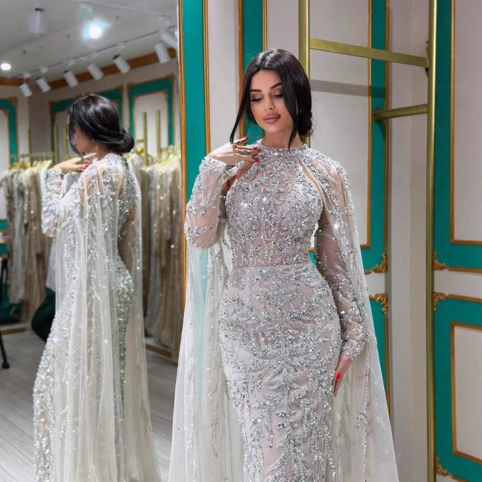 Luxury Caramel Arabic Beaded Mermaid Evening Dress with Cape Sleeves LA72652 - SERENE HILL