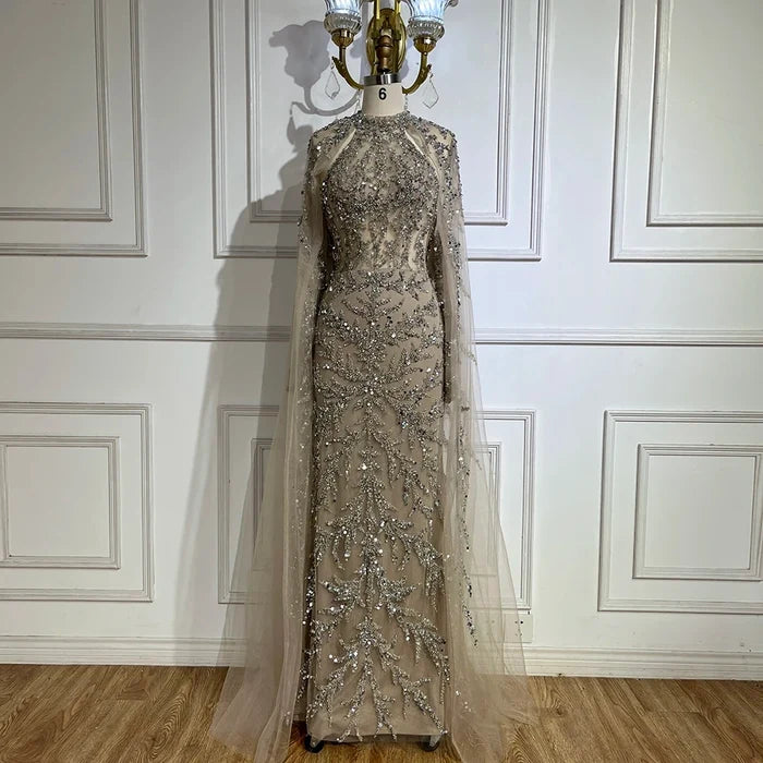 Luxury Caramel Arabic Beaded Mermaid Evening Dress with Cape Sleeves LA72652 - SERENE HILL