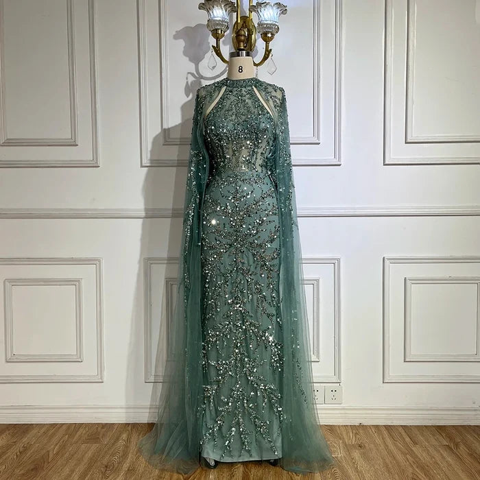 Luxury Caramel Arabic Beaded Mermaid Evening Dress with Cape Sleeves LA72652 - SERENE HILL