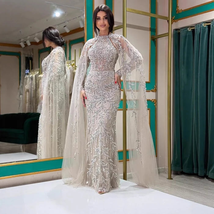 Luxury Caramel Arabic Beaded Mermaid Evening Dress with Cape Sleeves LA72652 - SERENE HILL