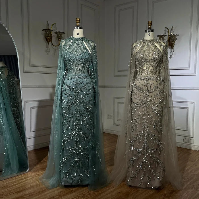 Luxury Caramel Arabic Beaded Mermaid Evening Dress with Cape Sleeves LA72652 - SERENE HILL