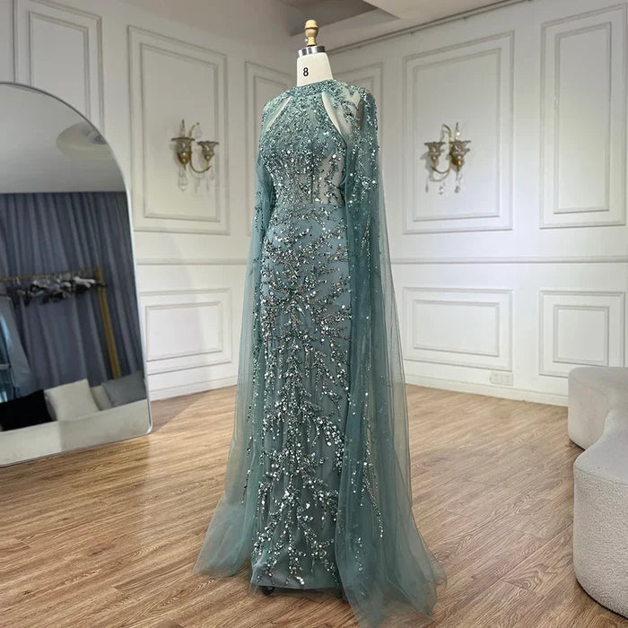 Luxury Caramel Arabic Beaded Mermaid Evening Dress with Cape Sleeves LA72652 - SERENE HILL