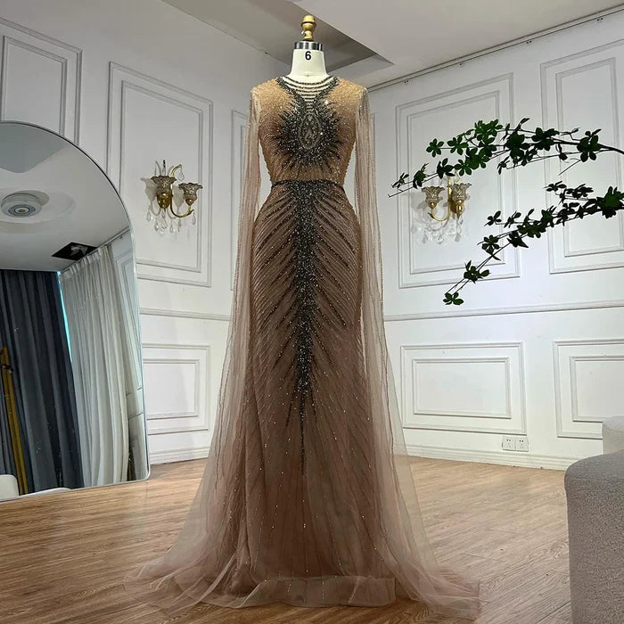 Luxury Caramel Beaded Evening Dress Gown with Cape Sleeves LA72940 - SERENE HILL