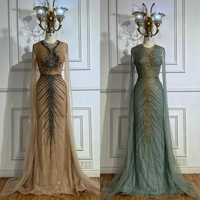 Luxury Caramel Beaded Evening Dress Gown with Cape Sleeves LA72940 - SERENE HILL