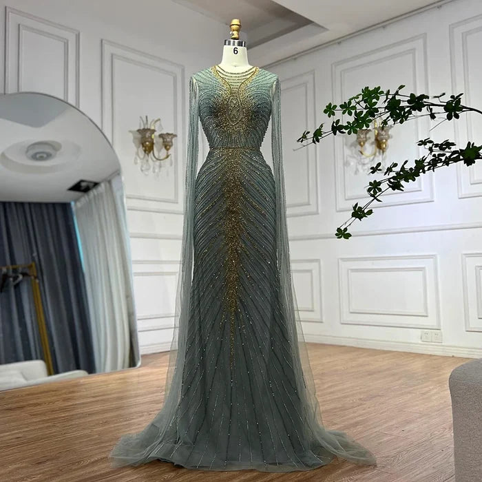 Luxury Caramel Beaded Evening Dress Gown with Cape Sleeves LA72940 - SERENE HILL