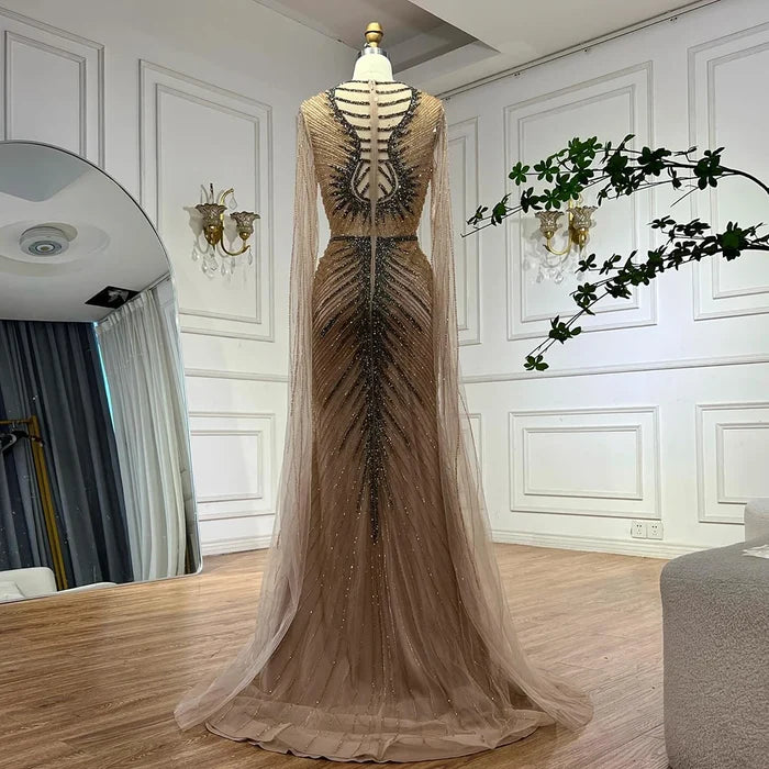 Luxury Caramel Beaded Evening Dress Gown with Cape Sleeves LA72940 - SERENE HILL