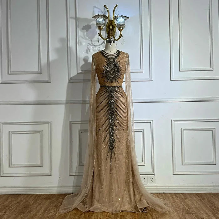 Luxury Caramel Beaded Evening Dress Gown with Cape Sleeves LA72940 - SERENE HILL