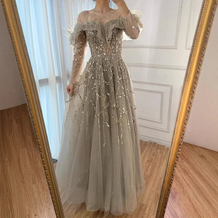 Luxury Caramel Beaded Feather A-Line Sparkle Evening Dress LA71328A - SERENE HILL
