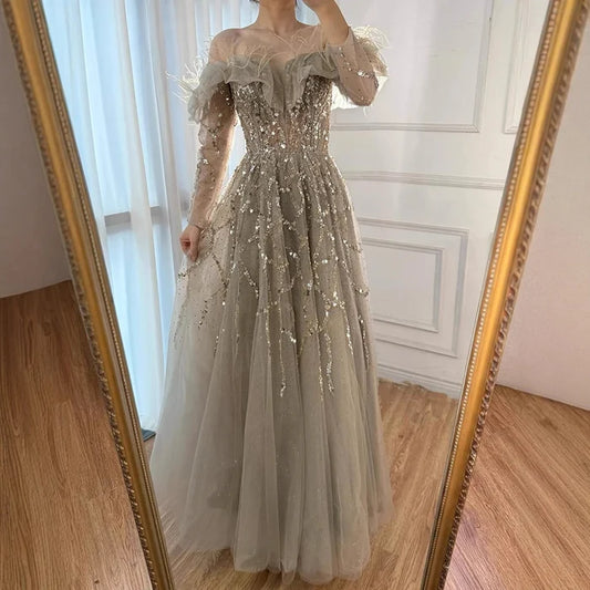 Luxury Caramel Beaded Feather A-Line Sparkle Evening Dress LA71328A - SERENE HILL