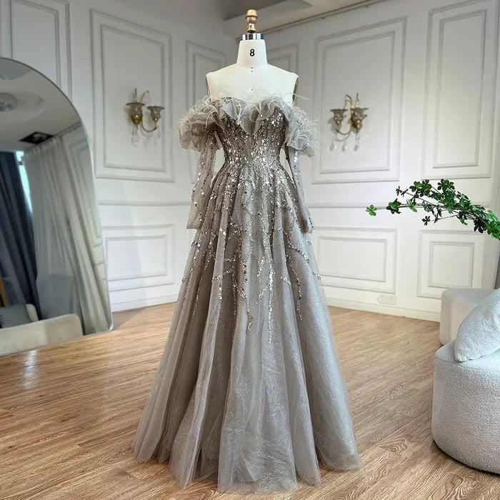 Luxury Caramel Beaded Feather A-Line Sparkle Evening Dress LA71328A - SERENE HILL