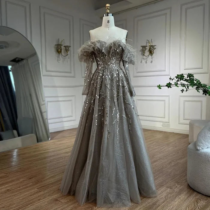 Luxury Caramel Beaded Feather A-Line Sparkle Evening Dress LA71328A - SERENE HILL