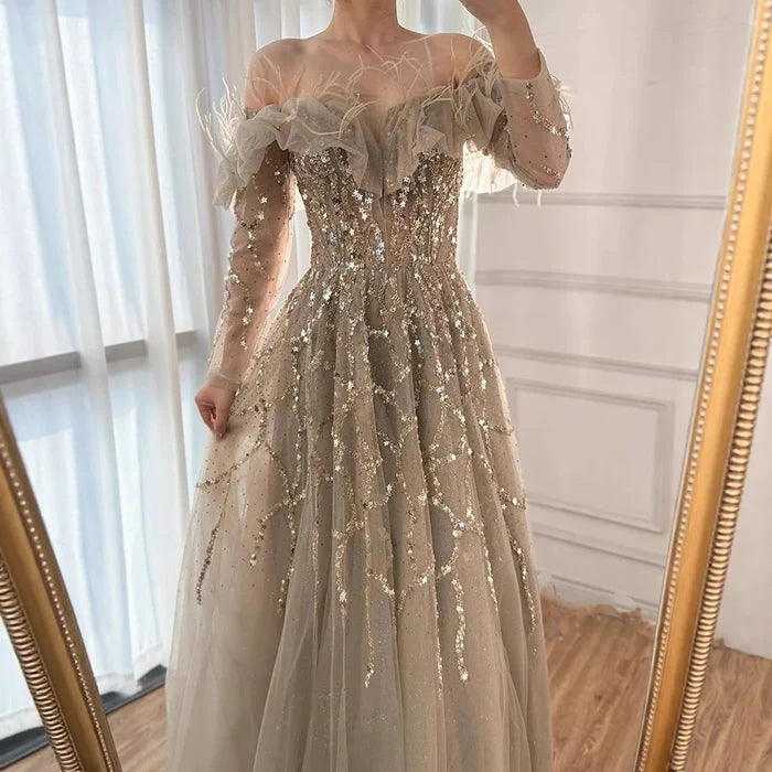 Luxury Caramel Beaded Feather A-Line Sparkle Evening Dress LA71328A - SERENE HILL