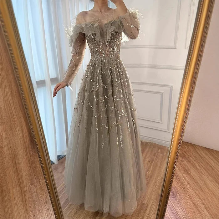 Luxury Caramel Beaded Feather A-Line Sparkle Evening Dress LA71328A - SERENE HILL