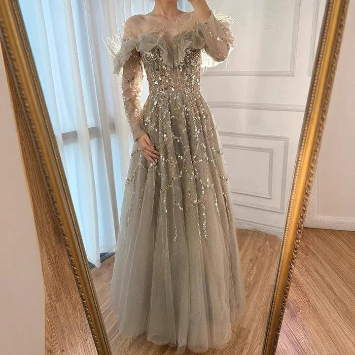 Luxury Caramel Beaded Feather A-Line Sparkle Evening Dress LA71328A - SERENE HILL