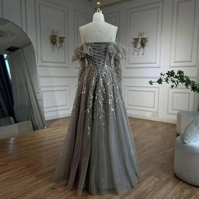 Luxury Caramel Beaded Feather A-Line Sparkle Evening Dress LA71328A - SERENE HILL
