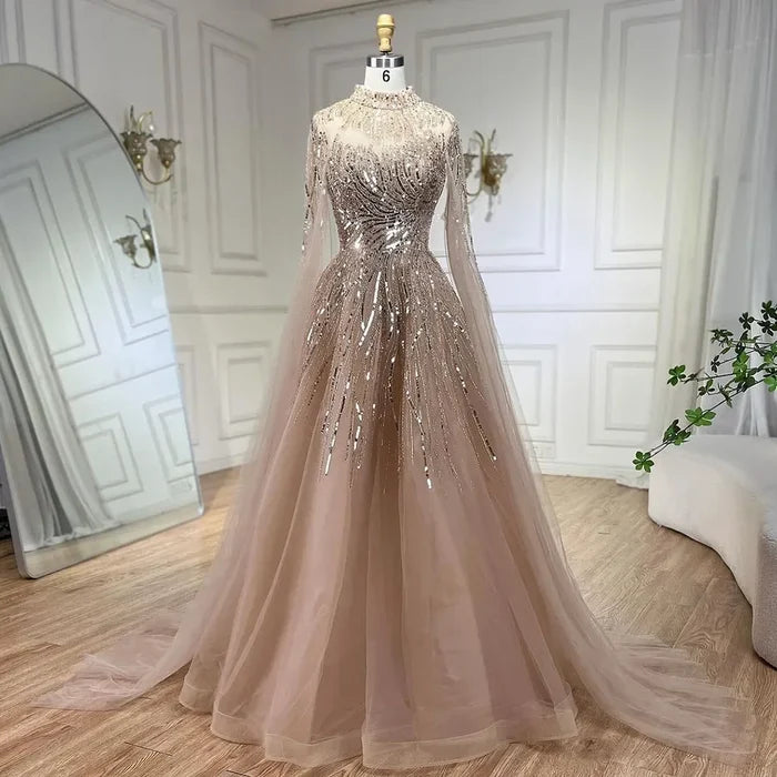 Luxury Caramel Beaded Lace A Line Evening Dress With Cape Sleeves LA72386 - SERENE  HILL