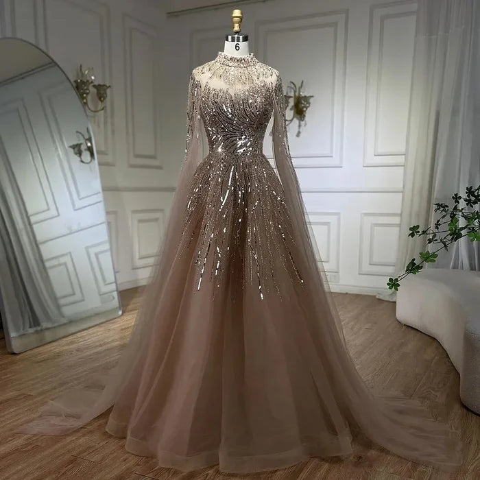 Serene Hill Caramel Luxury Evening Dresses with Cape Sleeves A-Line Beaded Lace Gown For Women's Wedding Party 2025 LA72386 - SERENE HILL