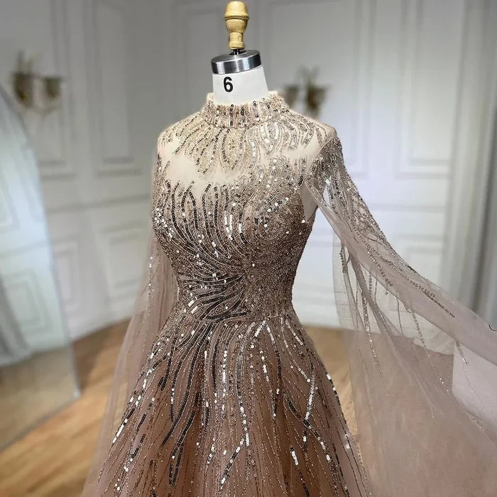 Serene Hill Caramel Luxury Evening Dresses with Cape Sleeves A-Line Beaded Lace Gown For Women's Wedding Party 2025 LA72386 - SERENE HILL